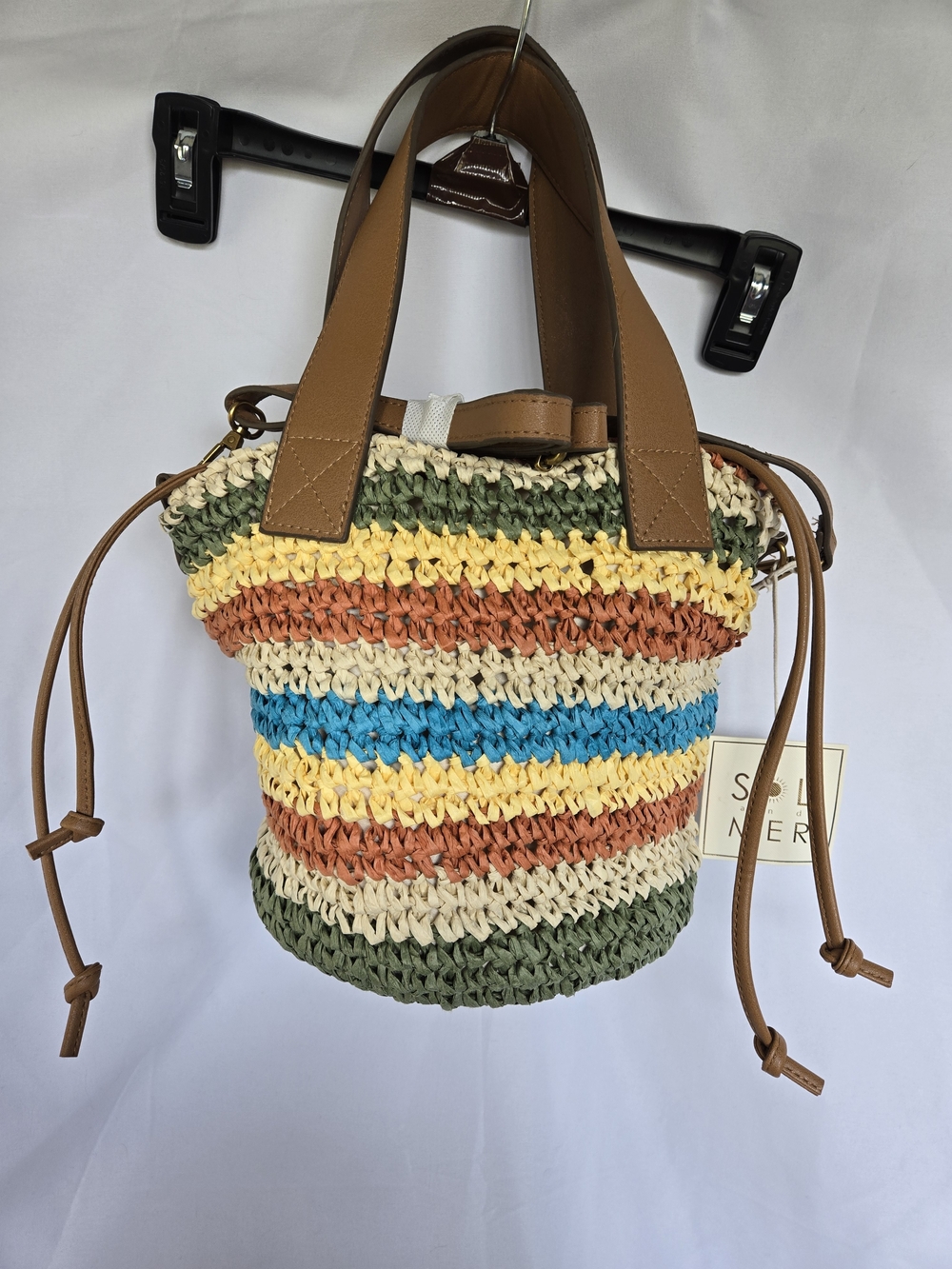 Striped Crochet Mini Bucket Bag with Tan Leather Handles